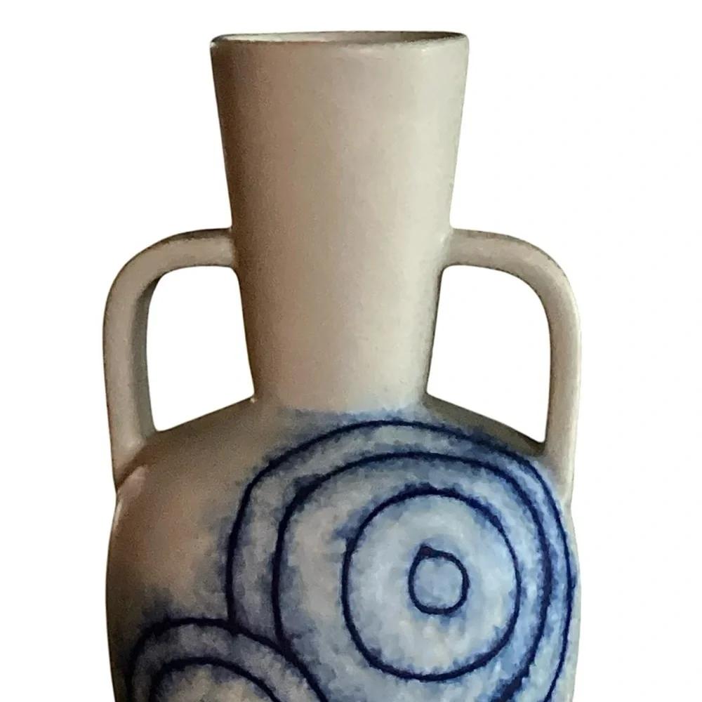 Thailand Natural & Blue Double Handled Artesian Pottery Vase Aztec Design New